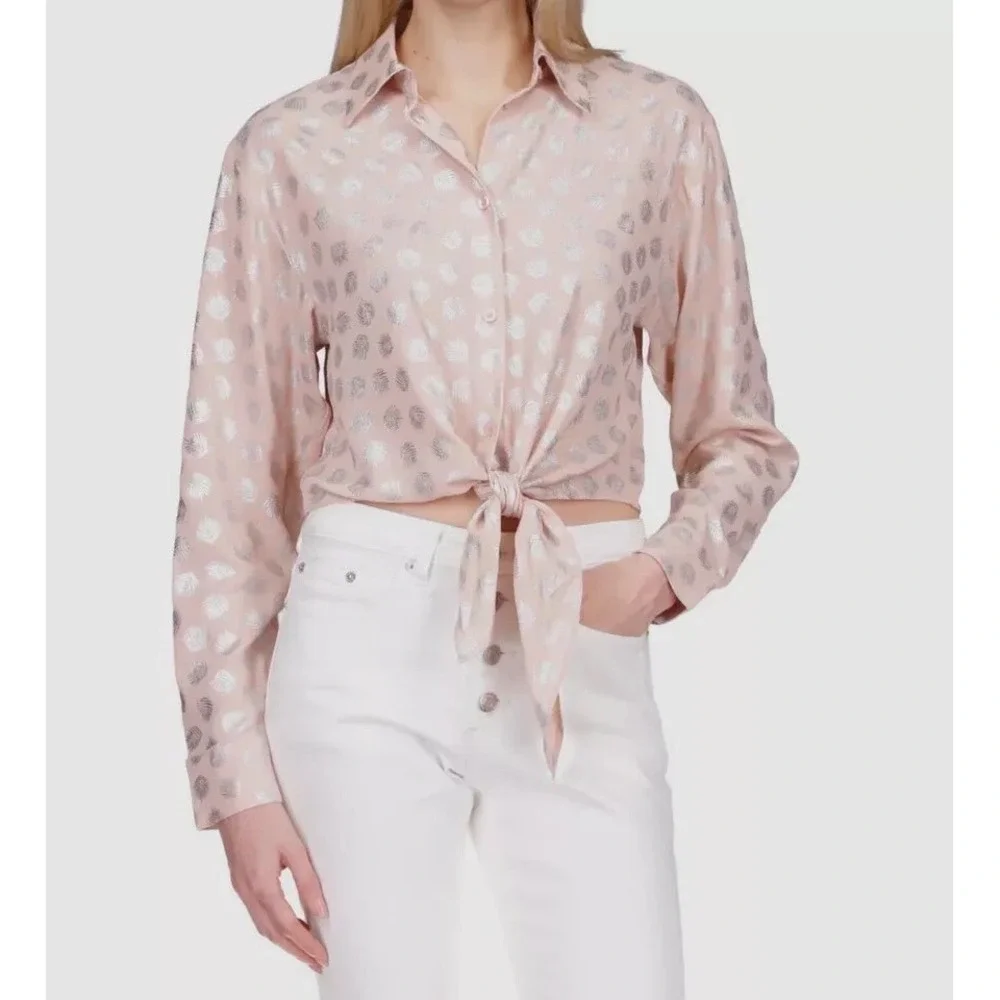 EUC Michael Kors Women's Pink Floral Print Cuff Sleeve Button-Up Top TIE Size XS